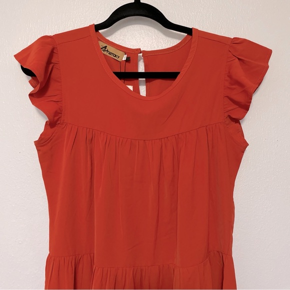 NWT ANATOKY SUMMER DRESS SMALL WITH FLUTTER SLEEVES AND TIERED BRICK RED - Picture 2 of 7